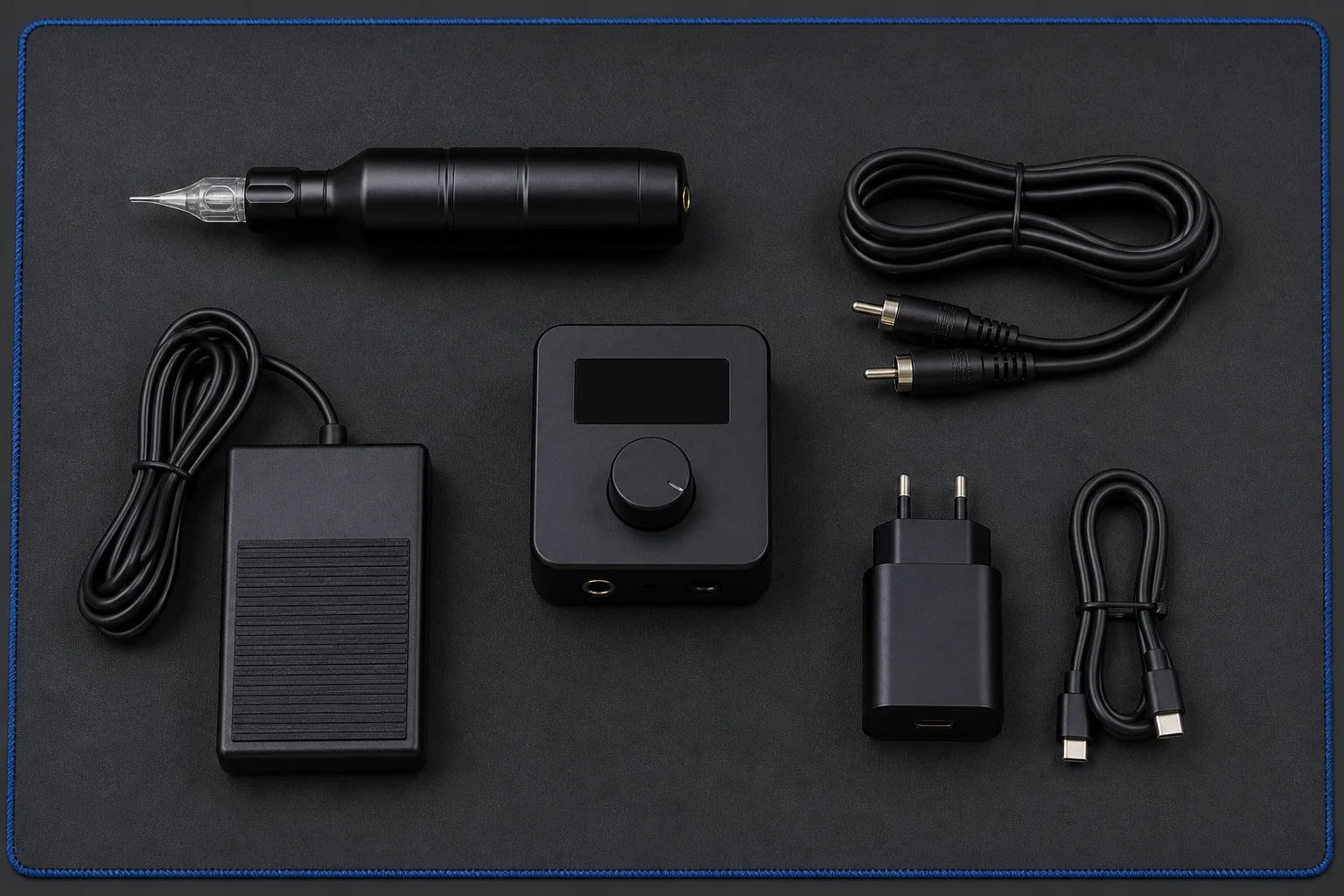 Тату-машинка, RCA-кабель, блок питания, педаль и USB-C адаптер разложены для проверки комплекта