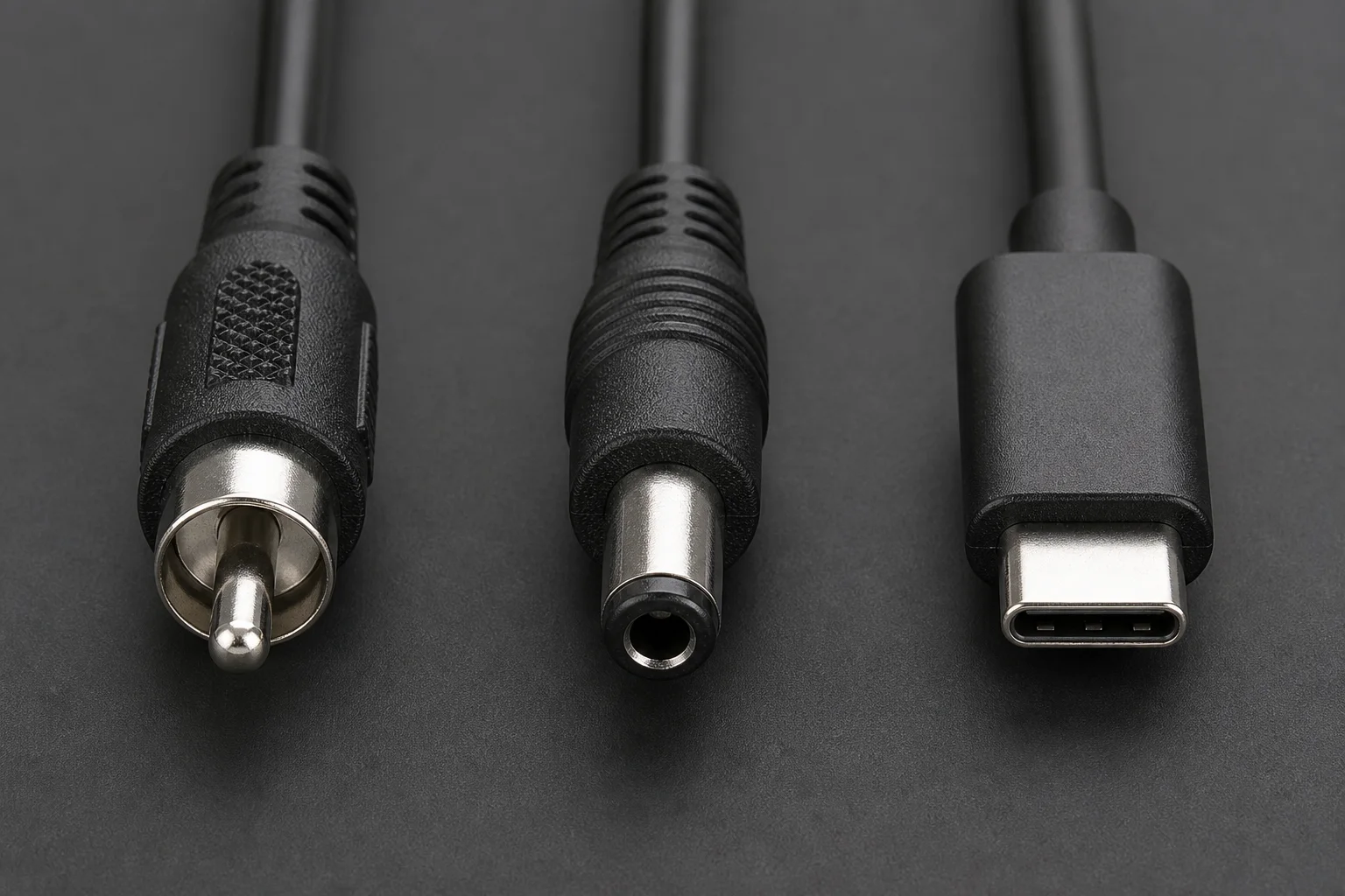 Крупным планом показаны штекеры RCA, DC и USB-C