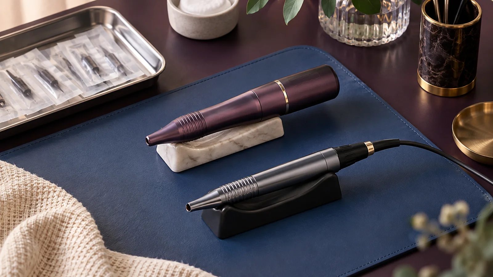 Аккумуляторная и проводная pen-машинки на сине-сливовом рабочем столе мастера