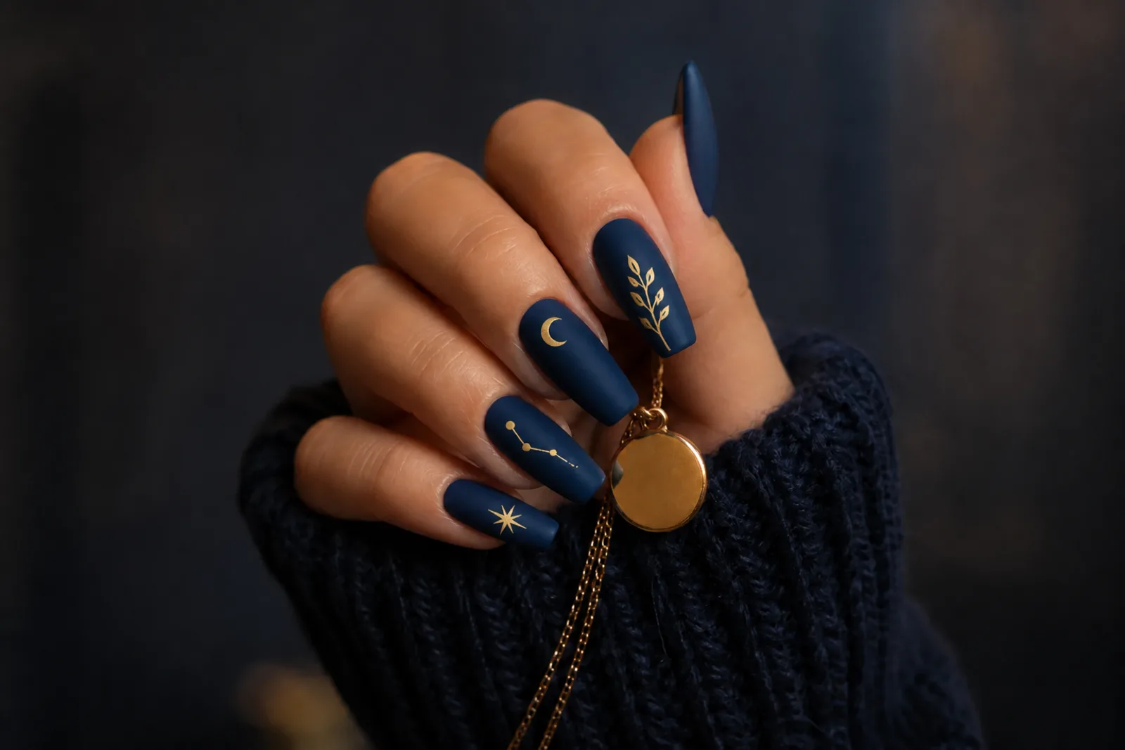 Матовый midnight navy маникюр с золотой веткой, полумесяцем, созвездием и звездой у тёмного трикотажа