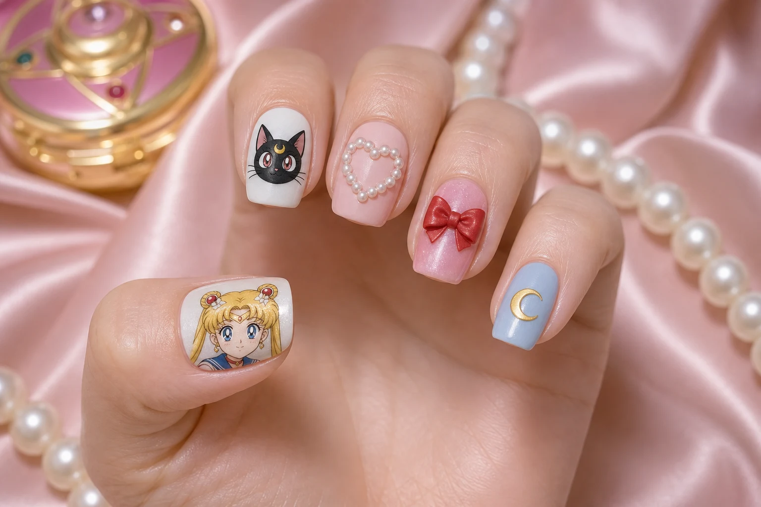 Розовый маникюр Sailor Moon с портретом Усаги, Луной, жемчужным сердцем, красным бантом и золотым полумесяцем