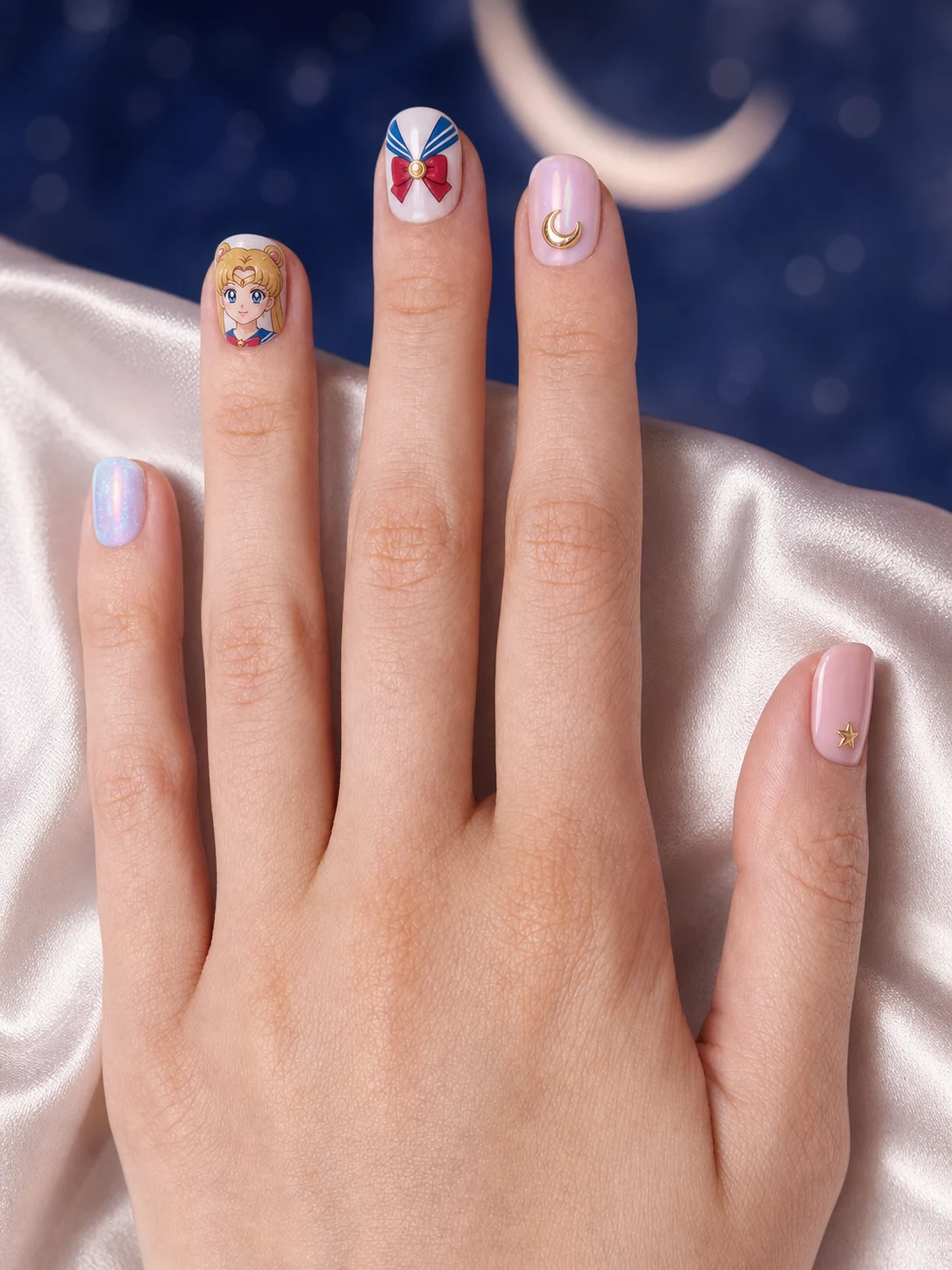 Маникюр Sailor Moon на пяти ногтях: Усаги, матросский воротник, золотой полумесяц, розовый блеск и голубая аврора