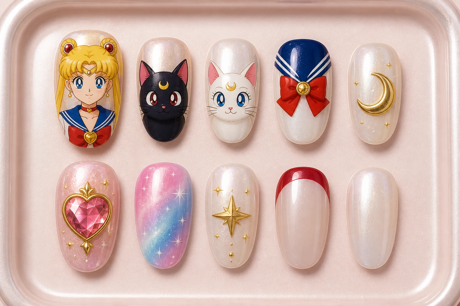 Десять типсов Sailor Moon с портретом Усаги, Луной, Артемисом, красным бантом, полумесяцем, кристаллом и звёздами