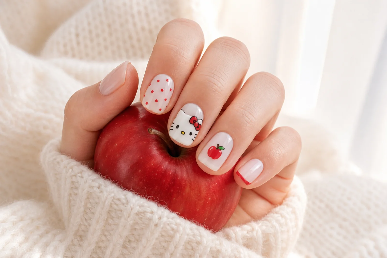Короткие ногти с яблоком Короткий молочно-красный маникюр Hello Kitty с яблоком, горошком и микрофренчем на руке с красным яблоком