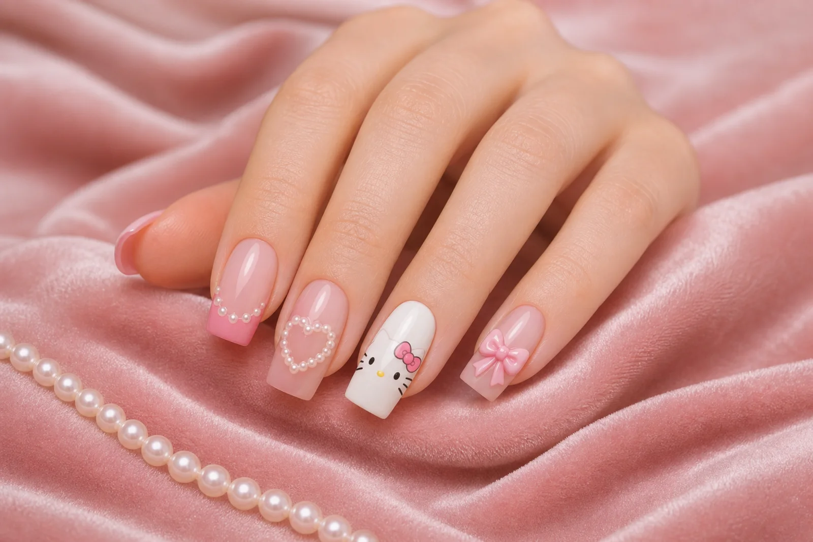 Hello Kitty в стиле coquette Розовый квадратный маникюр Hello Kitty с жемчужным сердцем, объёмным бантом и розовым френчем на атласе