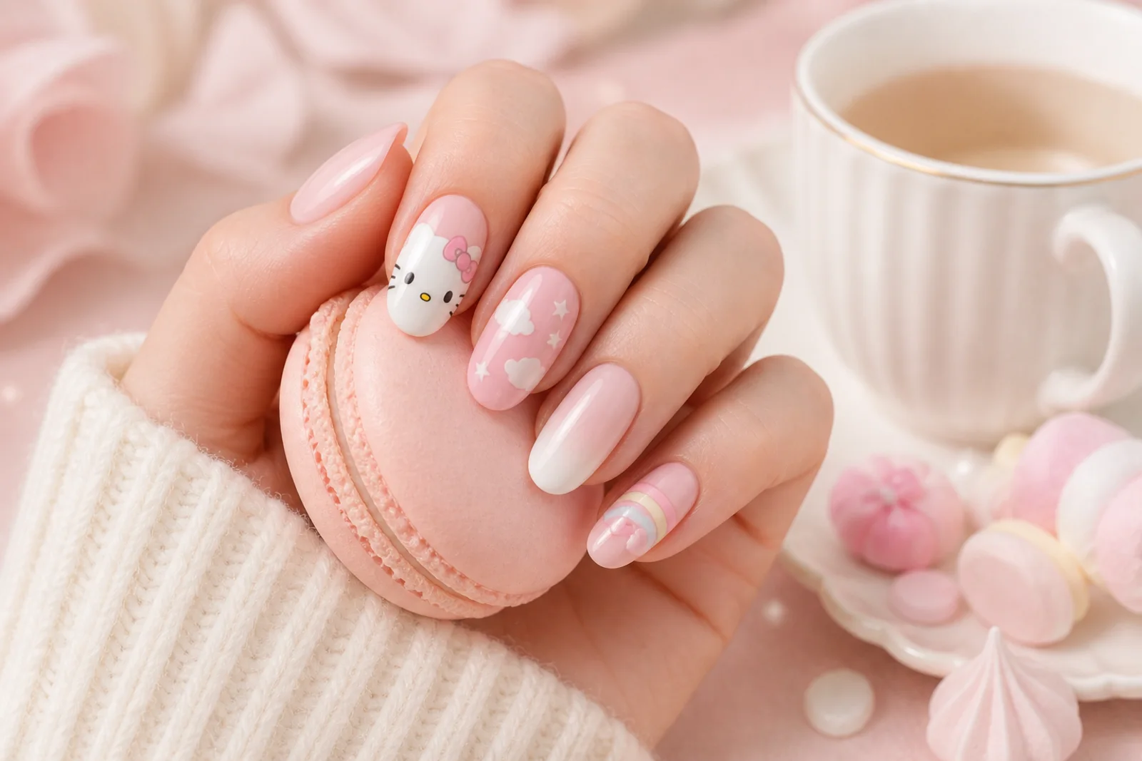 Пастельный маникюр Hello Kitty с макароном Пастельно-розовый маникюр Hello Kitty с облаками, звёздами, омбре и маленькой радугой рядом с макароном и чашкой