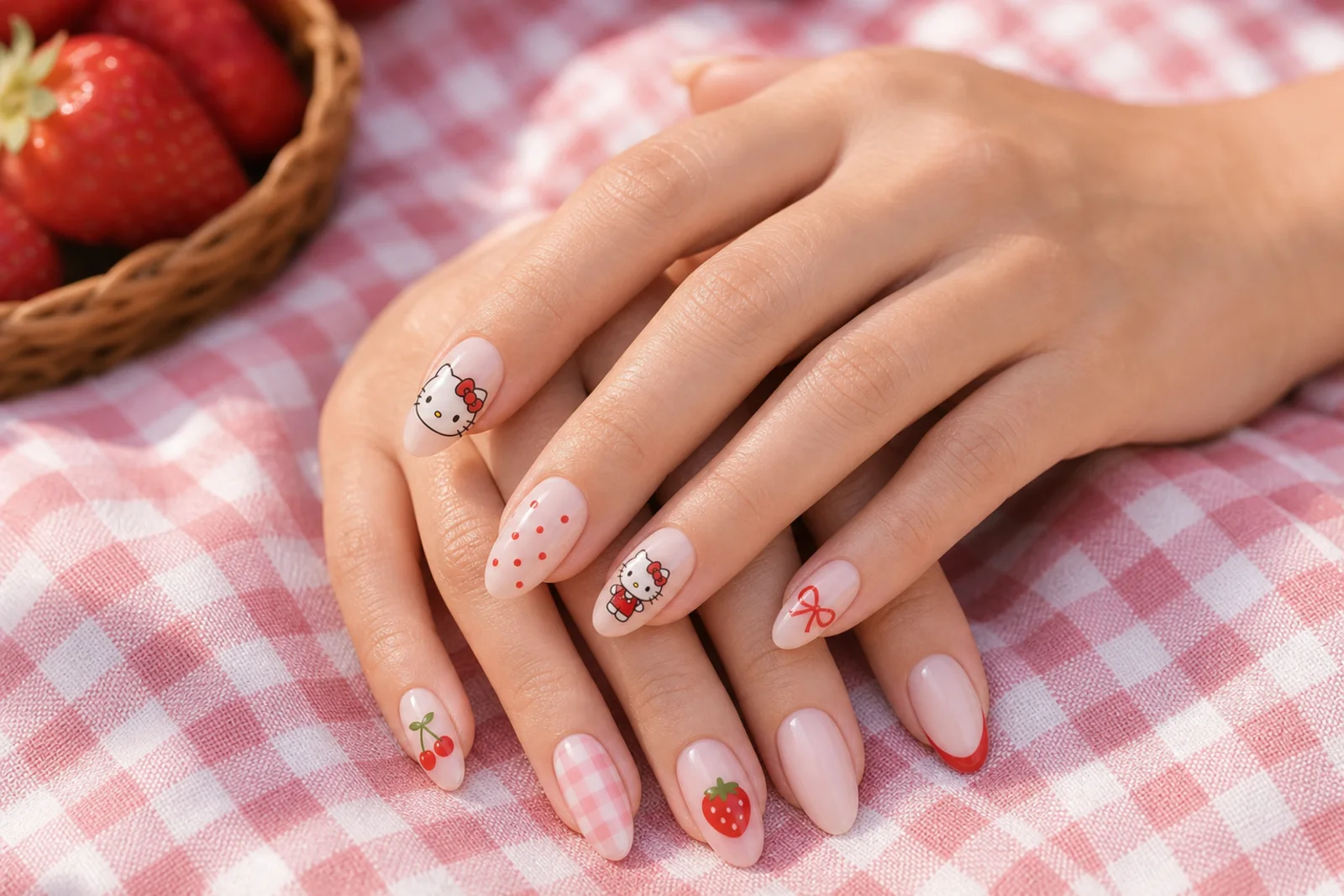 Клубничный picnic с Hello Kitty Две руки с розовым маникюром Hello Kitty, клубникой, вишней, клеткой, горошком и красным френчем на picnic-пледе