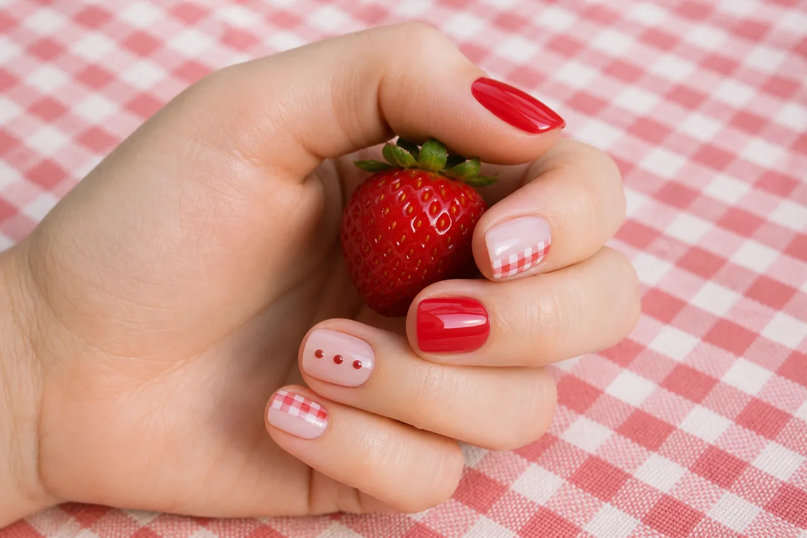 Клубничный gingham-маникюр Короткий красно-розовый маникюр с gingham-клеткой, точками и клубникой в руке на клетчатой ткани