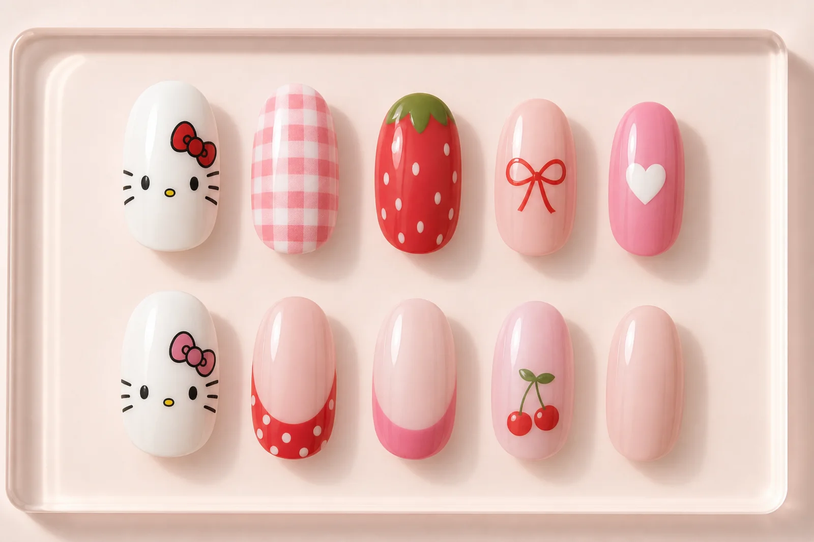 Десять типсов Hello Kitty Десять розовых и молочных типсов с Hello Kitty, клубникой, вишней, клеткой, бантом, сердцем и горошком
