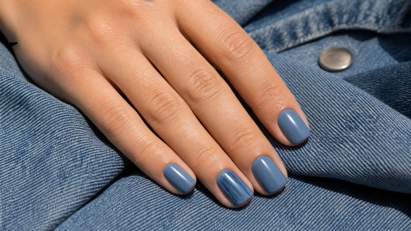 Маникюр цвета выстиранного денима Короткий маникюр denim blue на фоне джинсовой ткани