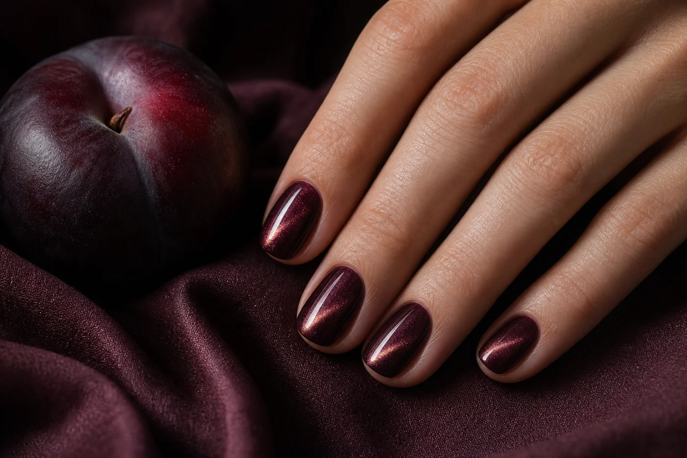 Короткий маникюр black cherry с тонким магнитным бликом рядом со сливой
