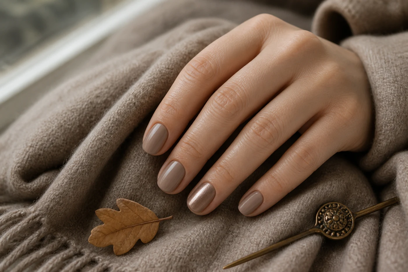 Кашемировый маникюр taupe с одним бронзовым акцентным ногтем