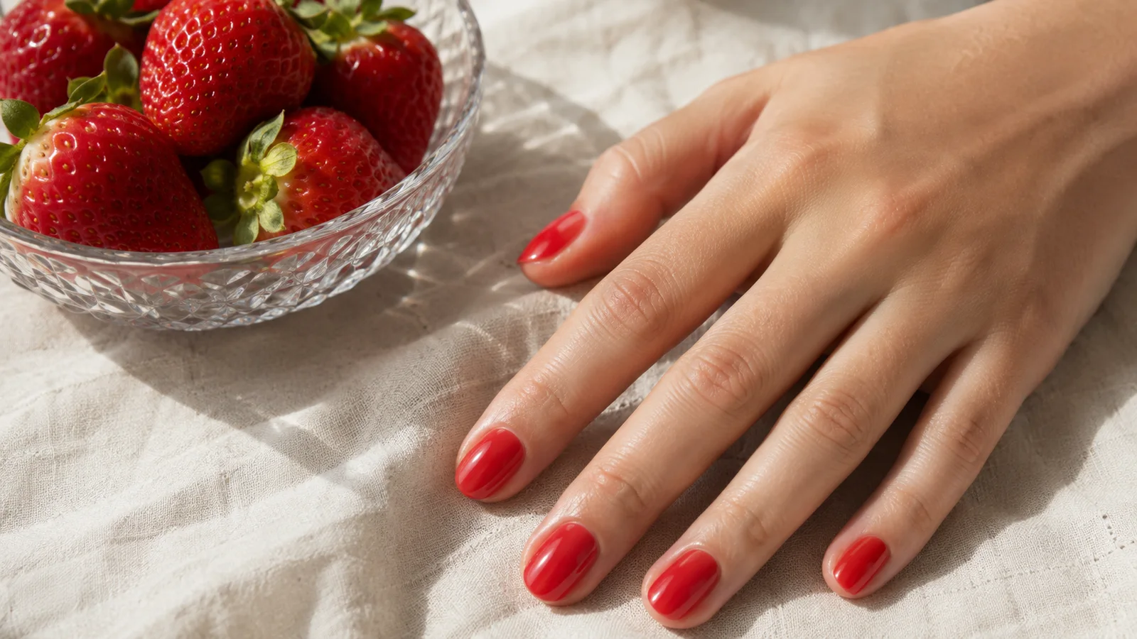 Клубничный желейный маникюр на короткие ногти Короткие красные желейные ногти рядом со свежей клубникой
